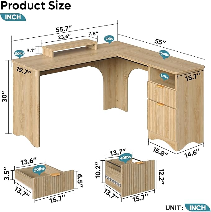 Bestier L Shaped Desk with File Drawer 55.7 x 55 Office Computer Desk with Round Corners Modern Desk with Monitor Stand &amp Fluted Panels for Home Office Natural Oak
