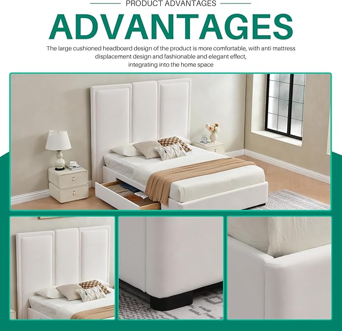 YUHUASHI Queen Size Bed Frame with 64-inch High Headboard Simple and Airy Linen Upholstered Platform Bed with Storage Drawers Wood Slat No Noise (White Queen (U.S. Standard))