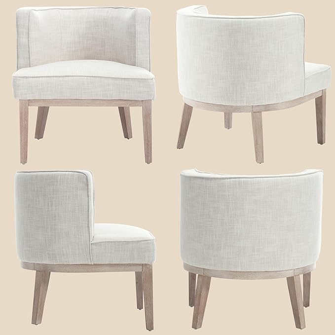 Wahson Set of 2 Farmhouse Style Comfy Living Room Chair Linen Upholstered Small Mid Century Round Accent Bedroom Chair for Small Spaces Beige