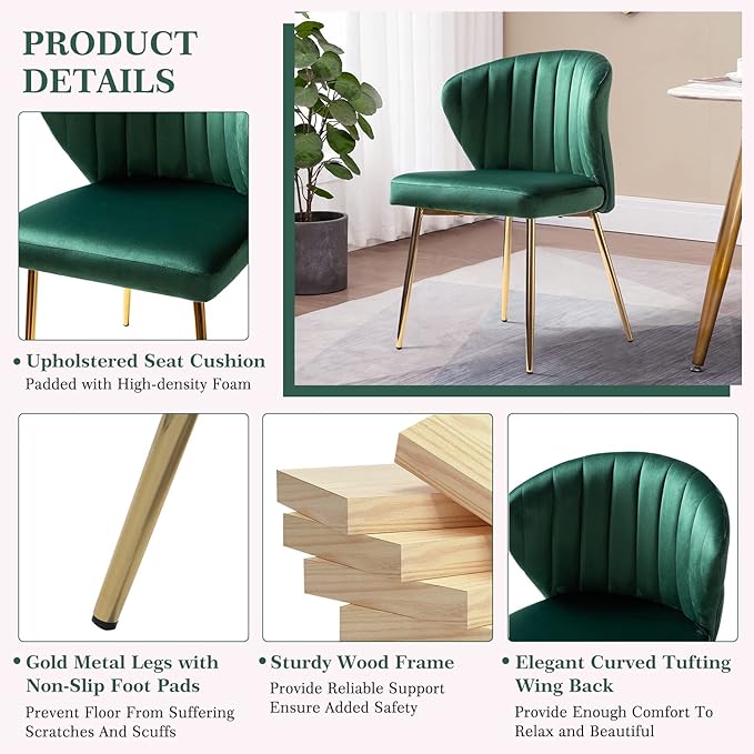 HULALA HOME Velvet Dining Chair Cute Armless Accent Chair Living Room Chair with Golden Legs Mid Century Modern Upholstered Side Chair for Kitchen Vanity Green
