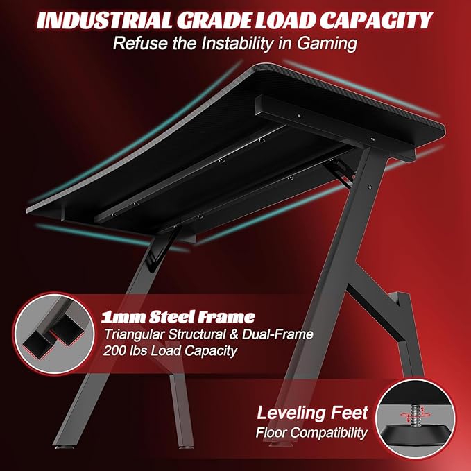 HLDIRECT 40 Inch Gaming Desk Small Computer Gaming Desk Table with Cable Management Ergonomic A Shape Modern Carbon Fiber Gamer Table Pc Workstation Home Office Desks for Small Space Black