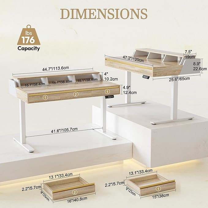 TIQLAB Standing Desk with 3 Drawers 47 Electirc Sit Stand Desk with Storage Height Adjustable Computer Desk Modern Home Office Desk with Monitor Stand Maple