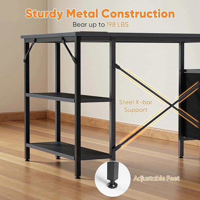 DUMOS L Shaped Desk with Shelf Drawers 47 Inch Black Corner Computer Desks Gaming with Power Outlet Study Table with Adjustable Shelves Home Office Tables for Bedroom Teacher Reading Writing