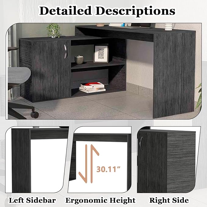 60 Inch Black L Shaped Desk with Storage Large Computer Corner Home Office Desk with File Cabinet &amp 2 Storage Shelves Wood Corner Desk for Small Space Gaming Writing Work