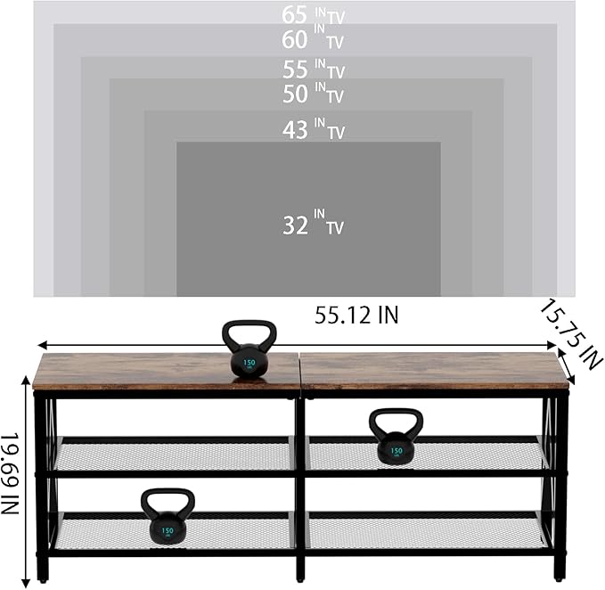 TV Stand for TVs up to 65 Inch 55 Long Industrial TV Console Table with 3-Tier Storage Shelves Entertainment Center for Living Room Bedroom (Brown)
