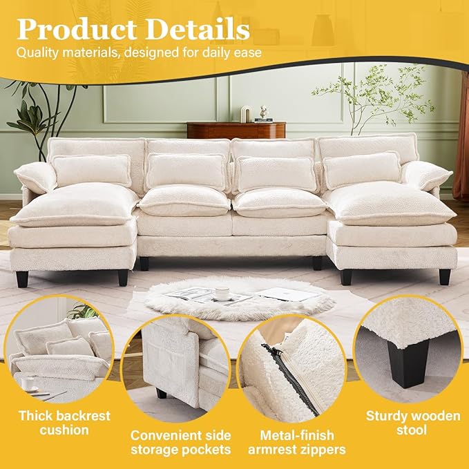 110 U Shaped CouchModular Sectional Sofa with 4 Waist PillowsSleeper Deep Seat Couch with Double Chaise Lounge &amp Memory Foam for Living Room