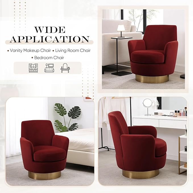SLEERWAY 360° Swivel Barrel Chair Set of 2 28.3 Modern Velvet Round Accent Chair Comfy Upholstered Small Armchair with Gold Metal Base for Living Room Bedroom Nursery Office Sillas para Sala Red