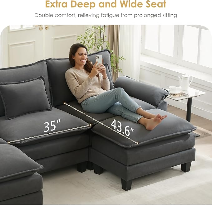URRED Cloud Couch Modular Sectional Sofa 122'' Modern L Shaped Deep Seat Sofa with Ottoman &amp Pillows Ultra Comfy Velvet Couches for Living Room Bedroom or Apartment Dark Gray