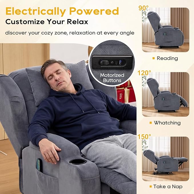 IPKIG Power Recliner Chair with Massage and Heat Electric Recliner for Living Room Home Theater Bedroom with LED Lights USB Charger Cup Holders Side Pockets &amp Lumbar Pillow (2 Grey)