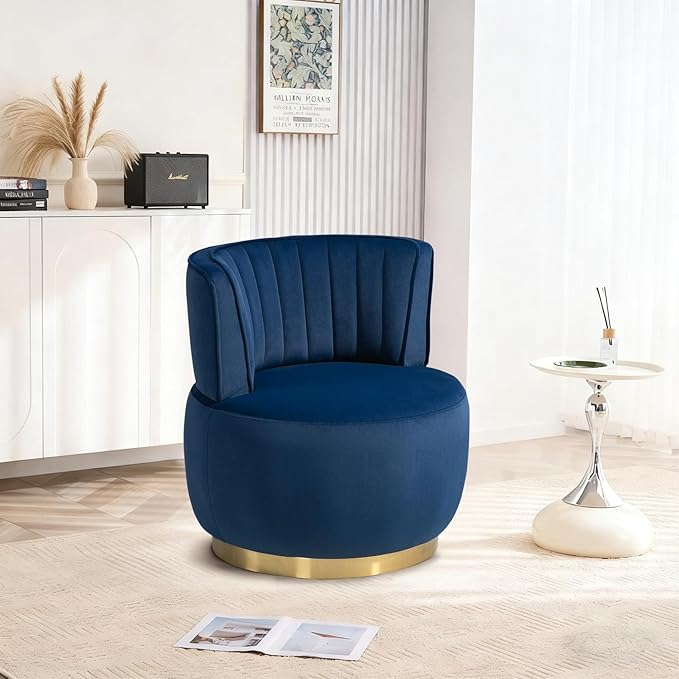 360 Degree Swivel Accent Chair Comfy Round Swivel Barrel Chair with Mental Base Upholstered Cozy Reading Armchairs Modern Lounge Sofa Chairs for Living Room Bedroom Club Office(Velvet Navy)