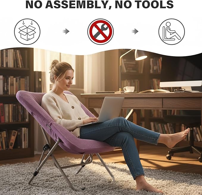 Tiita Comfy Folded Chair Soft Faux Fur Oversized Folding Accent Chair Lazy Chair for Teens Adults Metal Frame Moon Chair for Bedroom Living Room Dorm Rooms
