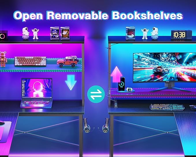 AODK L Shaped Desk Gaming Desk with LED Light &amp Power Outlet 61 Inch Reversible L Shaped Computer Table with Shelf &amp Storage Bag &amp Hook for Home Office Black
