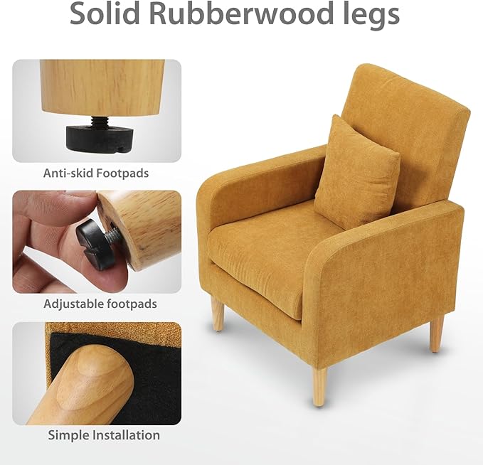 Upholstered Sofa Chair with Pillow Fabric Accent Armchair with Wooden Legs Comfy Lounge Chair for Living Room Bedroom or Office Supports up to 300 lbs (Yellow)