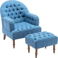 Accent ChairButton-Tufted Upholstered Chair SetMid Century Modern Chair with Linen Fabric and Ottoman for Living Room Bedroom Office LoungeBlue