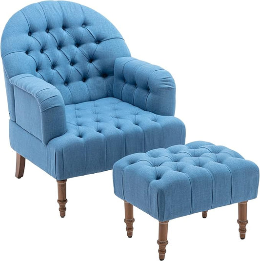 Accent ChairButton-Tufted Upholstered Chair SetMid Century Modern Chair with Linen Fabric and Ottoman for Living Room Bedroom Office LoungeBlue