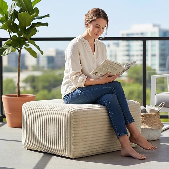 Large Ottoman Foot Rest 37 Beige Sofa Couch Ottomon with Soft Long-Pile Fabric High Resilience Foam &amp Spring Support Ottoman for Living Room Extra Seating