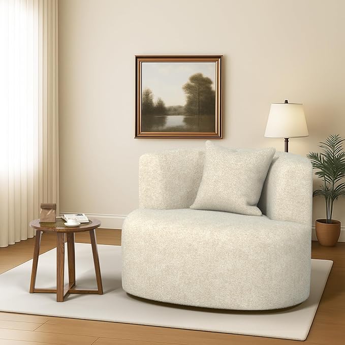 Swivel Accent Chair 360°Soft Accent Chairs Chenille Upholstered Living Room Chairs with Pillow and Curved Backrest No Assembly Arm Chair for Living Room/Bedroom/Office (White)