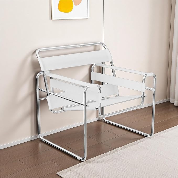FULOL Saddle Leather Armchair Mid-Century Modern Accent Chair Studio Chair Stainless Steel Frame for Living Room Bedroom Office Studio White