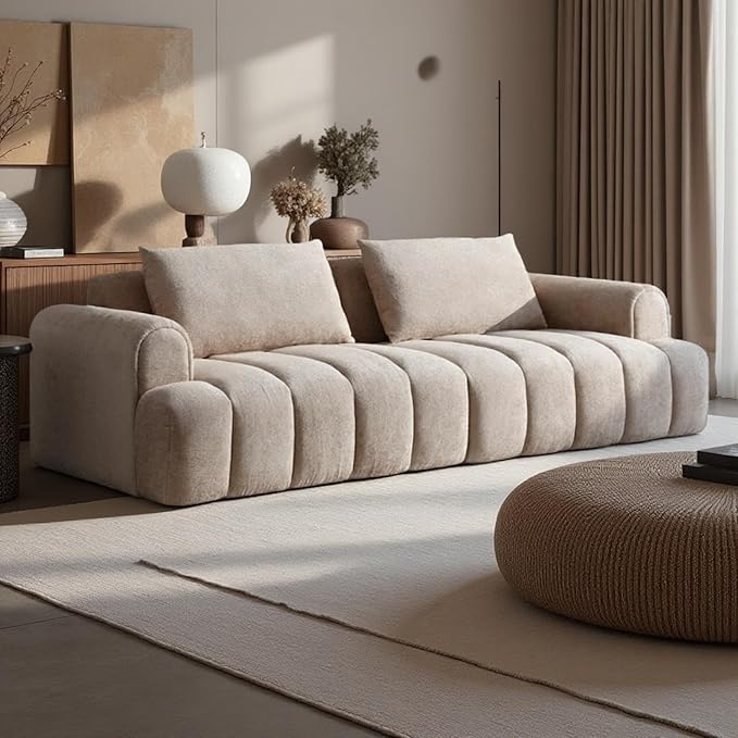 Minimalist Wabi Sabi Sectional Sofa Couch Modern Oversized 4-Seater Sofa Teddy Velvet Comfy Couch for Living Room Apartment Camel