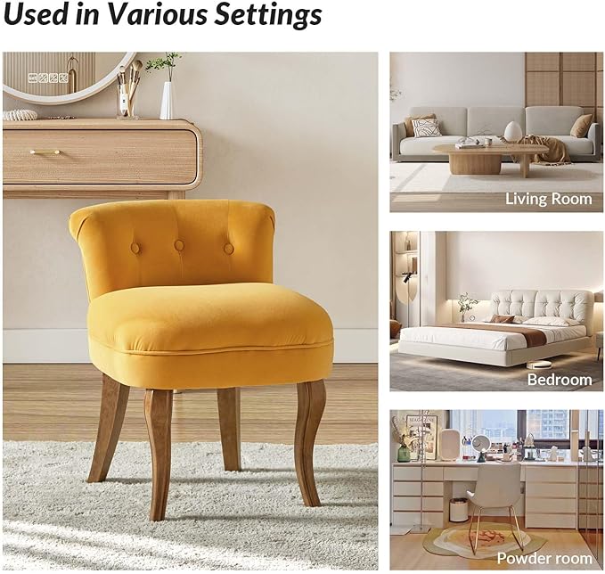 HULALA HOME Velvet Vanity Chairs with Low Back Modern Vanity Stool with Solid Wood Legs Small Upholstered Makeup Chair for Bedroom Living Room Dressing Women Girls Set of 2 Mustard