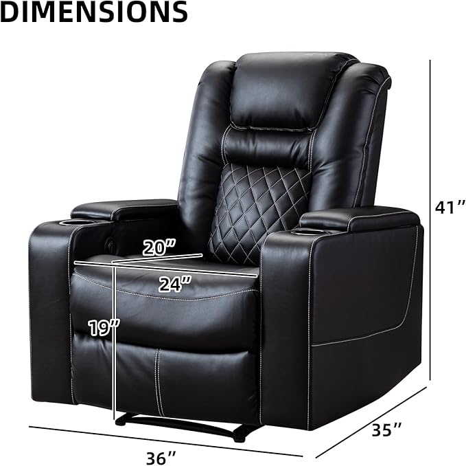 CANMOV Electric Power Recliner Chair with USB Ports and Cup Holders Breathable Leather Home Theater Seating with Hidden Arm Storage (Black)