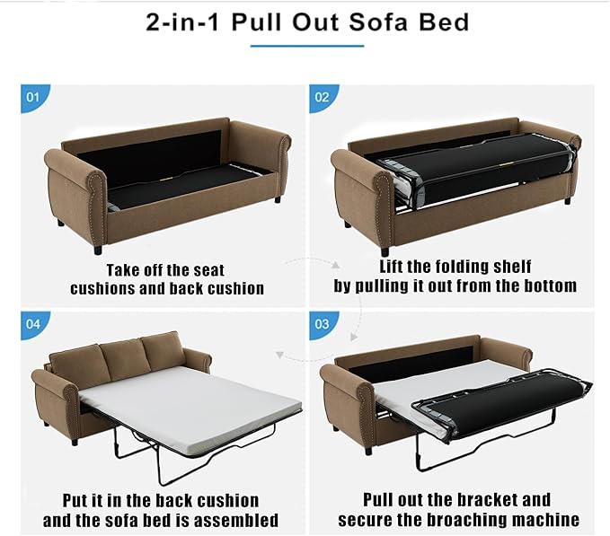 Pull Out Sofa Bed Queen Size Sleeper Sofa with Memory Foam Mattress 3 in 1 Convertible Pullout Couch Bed 3-Seater Comfy Upholstered Loveseat Sofas for Living Room Guest Room RV (Brown Linen)