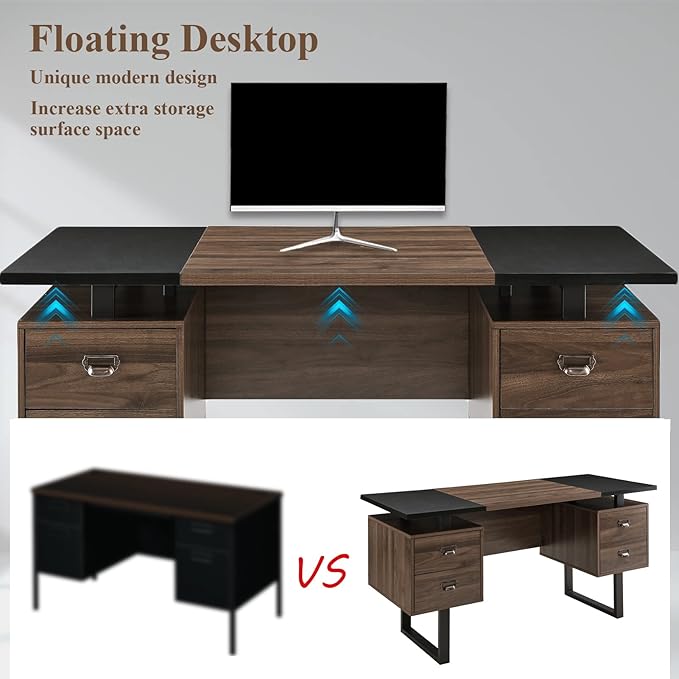 Computer Desk with Drawers 59 L Contemporary Home Office Laptop Desk with Floating Desktop and 4 Storage Drawers Vintage Study Gaming Table with Metal Frame Black &amp Walnut CTSZ20401WACM
