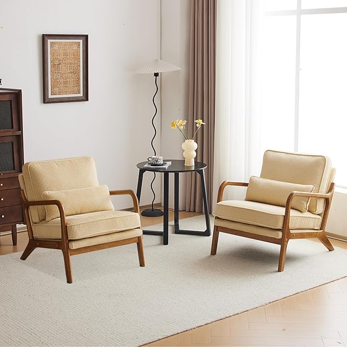 Karl home Mid-Century Modern Accent Chair Living Room Chairs with Pillow Corduroy Upholstered Lounge Armchair with Solid Wood Frame &amp Soft Cushion for Bedroom Reading Room Beige &amp Yellow