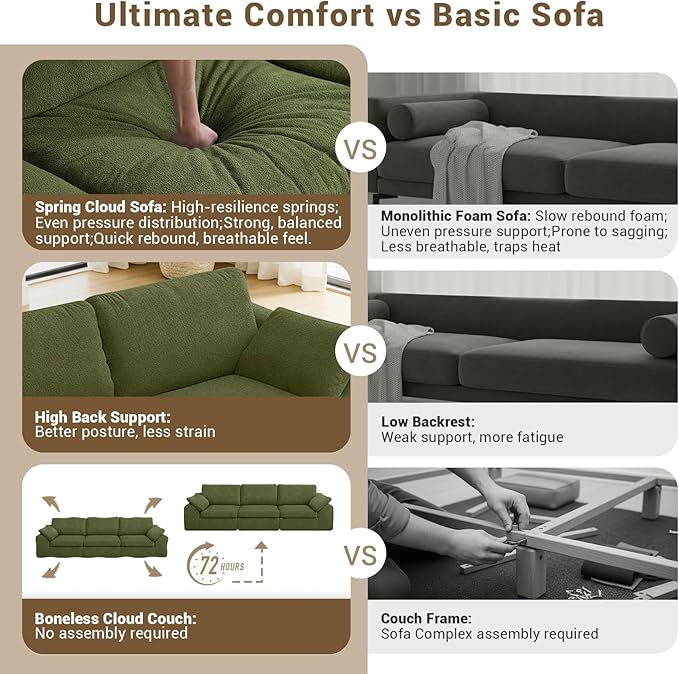 Cloud Sectional Couches 78.8 L-Shape Sofa with Ottoman Deep Seat Modular Sectional Couch Comfy Boneless Couch for Living Room &amp Bedroom Bouclé Fabric Green