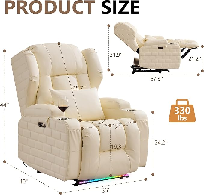 Wall Hugger Power Recliner Chair with Heat and Massage Overstuffed Reclining Sofa Chair for Living Room Home Theater RV with 3-Side LED Lights/Cup Holders/USB &amp Type C Port (White)