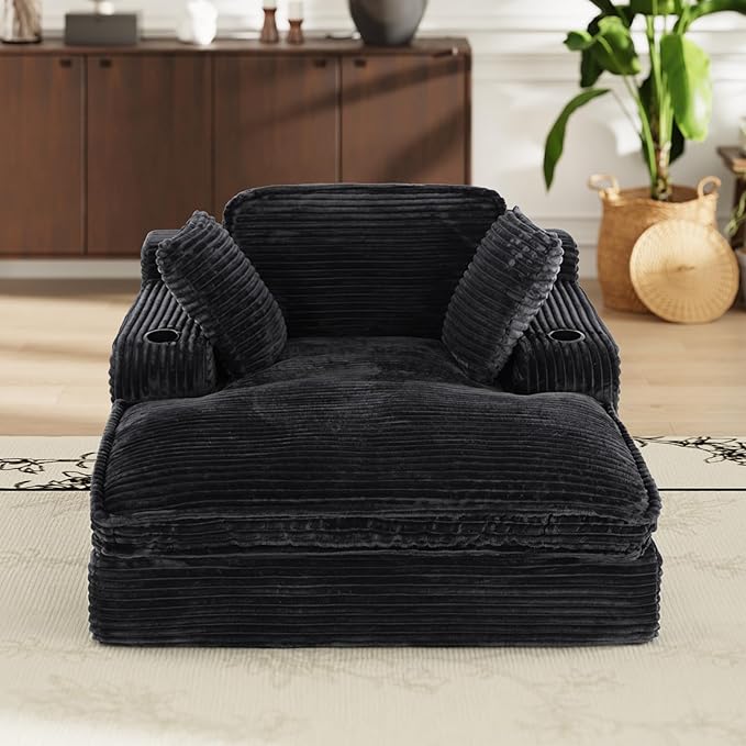 67 Chaise Lounge Chair Indoor Cozy Oversized Fluffy Sofa with Cup Holders &amp Throw Pillows Boneless Sleeper Cloud Couch for Living Room Movie Room and Apartments Black