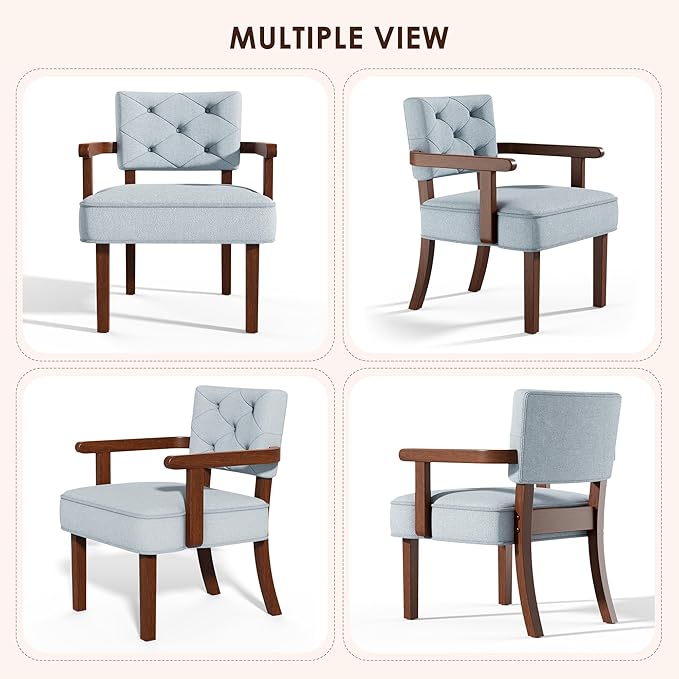 Modern Accent Chairs Set of 2Butacas para SalaMid Century Small Arm ChairUpholstered Wooden Chairs with Arm RestTufted BackrestCushion for OfficeWaiting/Reading/Living Room Light Blue