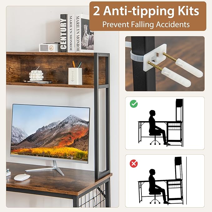 Tangkula L-Shaped Desk Converts to 2-Person Long Desk with Hutch Power Outlet &amp 3 Removable Hooks Perfect for Home Office or Gaming (Rustic Brown)