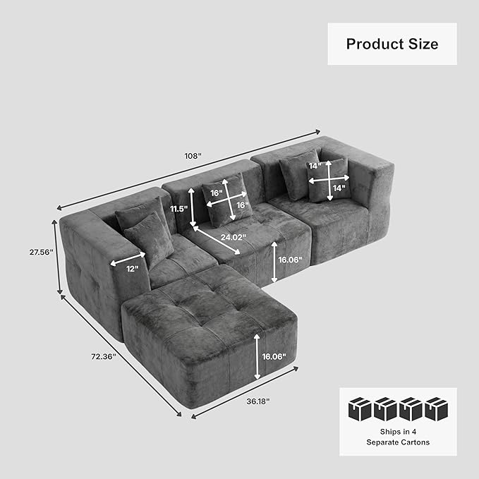 · REDEARTH · 4-Seater Modular Velvet Sectional Sofa No-Assembly L-Shaped Compressed Couch in a Box with Ottoman Boneless Modular System in Plush Velvet for Living Room (3-Seater + Ottoman)Dark Gray