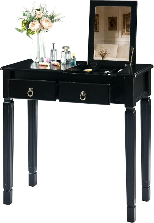 LEEMTORIG 31.5 Solid Wood Small Vanity Desk with Flip-top Mirror Compact Wooden Writing Desk with Drawers 3 in 1 Secretary Desk/Dressing Table/Nightstand for Small Space Black SZT-D0036-BK