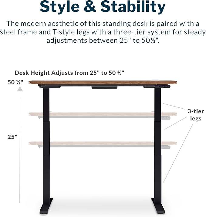 Vari Ergo 54x26 Electric Standing Desk + Height Adjustable Sit-Stand Desk + Curved Waterfall Edge 4 Memory Settings Quick Assembly Cable Management 200 lb Capacity – Walnut/Black (2 Boxes)