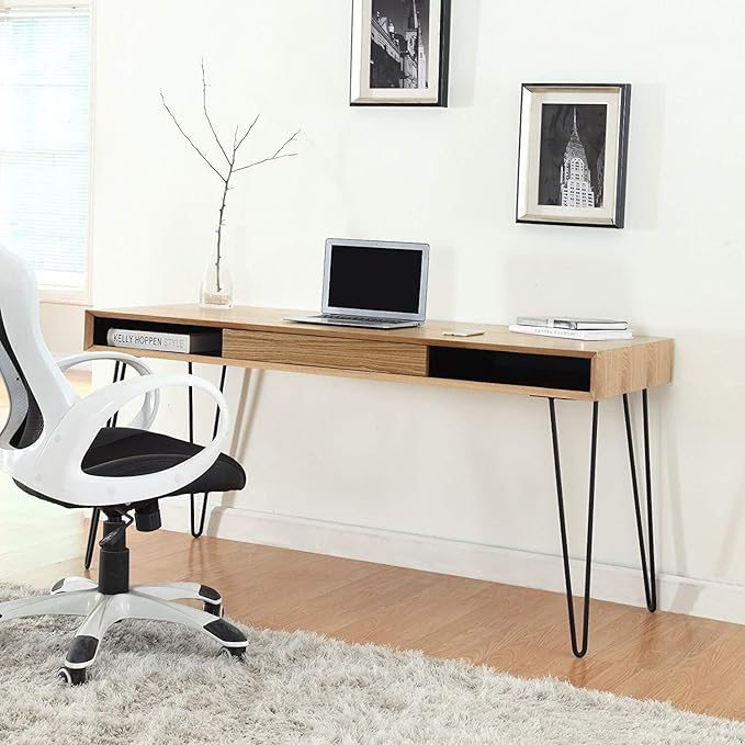 Home Office Desk 59 Large Computer Writing Table Oak Top Metal Legs Easy Assembly