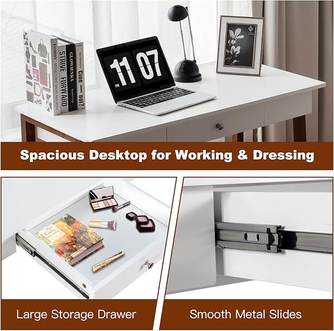 COSTWAY 42 Computer Desk with Storage Drawer Modern Home Office Writing Study Table with Solid Rubber Wood Legs &amp Non-Slip Foot Pads Multifunctional Makeup Vanity Dressing Table (Coffee and Whi