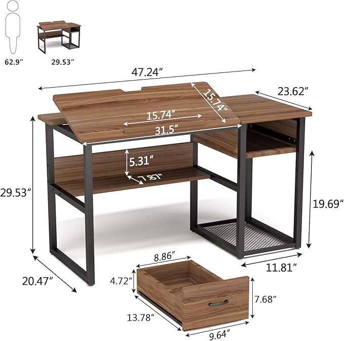Tribesigns Drafting Table with Storage Drawers Drawing Computer Desk Artist Craft Table Painting Desk Workstation with Shelves and Tiltable Tabletop for Students Home Office