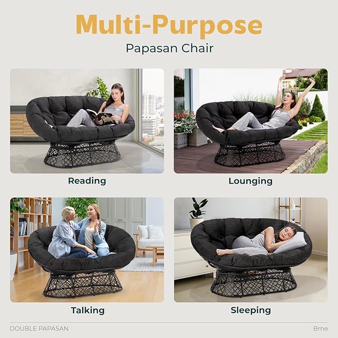 Bme 61 Black - Black Frame Capacity 600lbs Double Papasan Ergonomic Wicker Papasan Chair with Soft Thick Density Fabric Cushion High Capacity Steel Frame for Living Bedroom