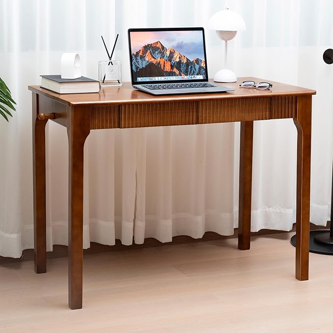 39.4'' Solid Wood Desk with Drawers Mid Century Modern Home Office Desk Vintage Wooden Writing Desk with Storage and Hooks Dark Wood Computer Table for Bedroom Study (Walnut)