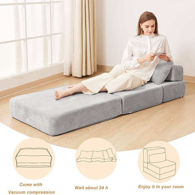 Folding Sofa Bed Convertible Sleeper Chair with Pillow Foldable Mattress &amp Back Support Portable Floor Lounger Futon for Apartment Dorm Living Room Bedroom Grey