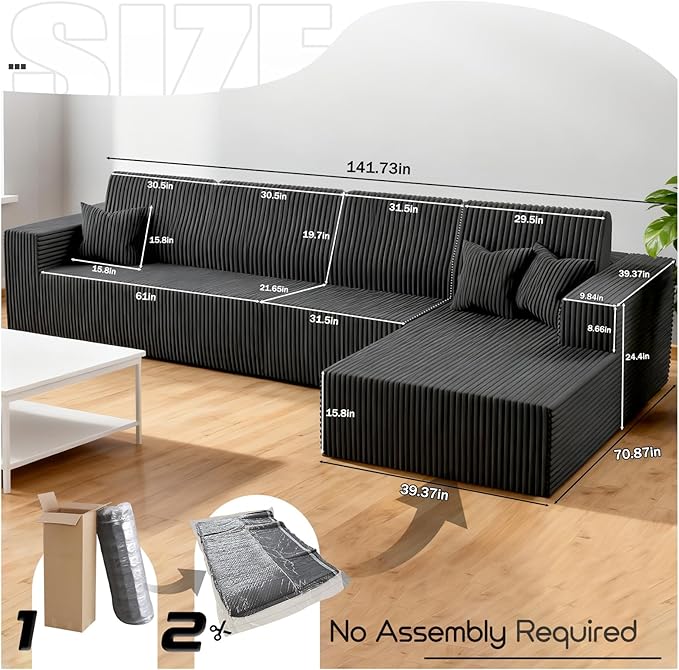 142 Boneless Couch Cloud Modular Sectional Sofa with L-Shape Chaise Modern Upholstered Couches for Living Room Bedroom No Assembly Required (Grey 142 Right Facing Chaise+3 Seaters)