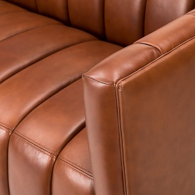 HULALA HOME 83 Genuine Leather Sofa with Channel Tufted Design 3-Seater Sofa for Living Room Bedroom Modern Oversized Couch with Wood Legs Brown
