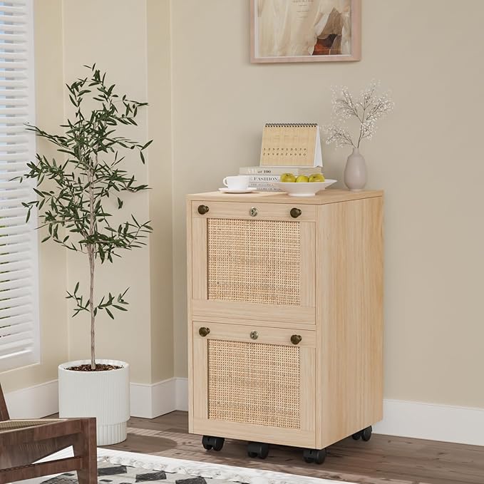 VINGLI 2 Drawer File Cabinet with Lock Rolling File Cabinets for Home Office Small Printer Stand Wood Rattan Oak File Organizer Under Desk Filing Cabinet on Wheels for Folders with Tabs