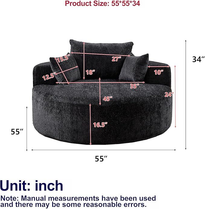 55''L Chenille Sponge Single SofaOversized Round ChairFluffy Modern Sleeper Chair for Living Room Lounge and Projection RoomWide Armrest Lounge Chairs Armchair with Pillow Black