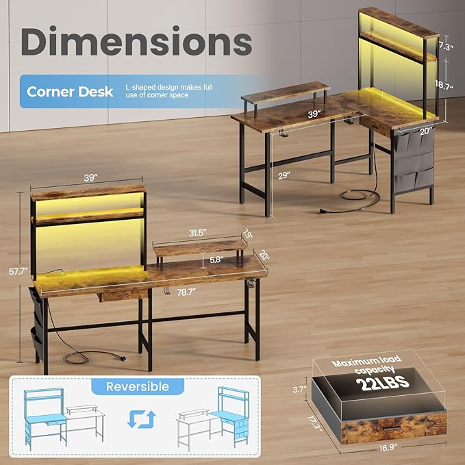 HLDIRECT L Shaped Desk with LED Light &amp Power Outlet 59 Inch Reversible Corner Gaming Desk with Storage Shelves &amp Drawer Computer Table with Monitor Stand Home Office Work Study Rustic B