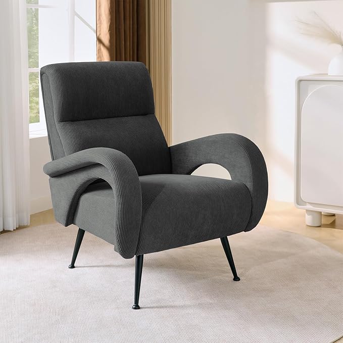 Corduroy Accent Chairs for Living Room High Back Reading Chairs for Bedroom Mid-Century Modern Comfy Upholstered Armchar for Bedroom Reading Nook Apartment Dark Grey