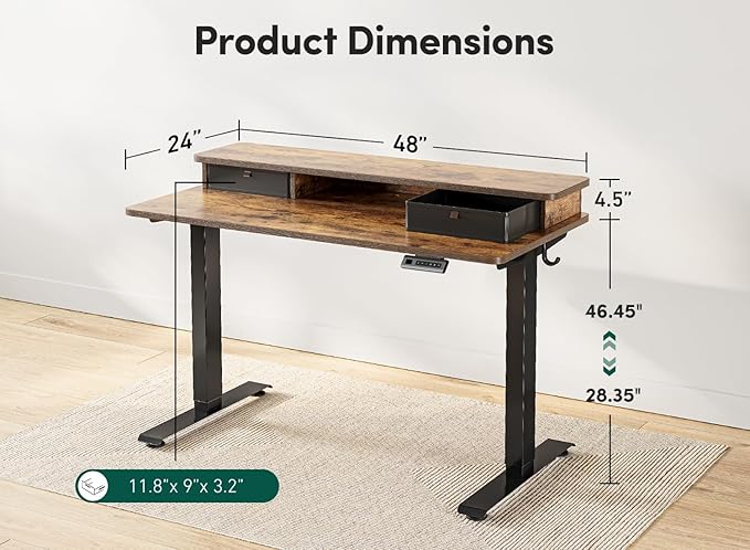 FEZIBO 48 x 24 Inch Height Adjustable Electric Standing Desk with Double Drawer Stand Up Table with Storage Shelf Sit Stand Desk Rustic Brown