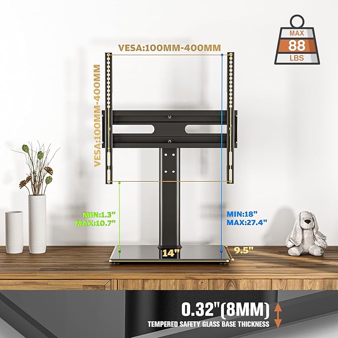 Universal Swivel TV Stand - Table Top TV Stand for 27-60 inch LCD LED TVs - Height Adjustable TV Base Stand with Tempered Glass Base &amp Wire Management VESA 400x400mm HT06B-002